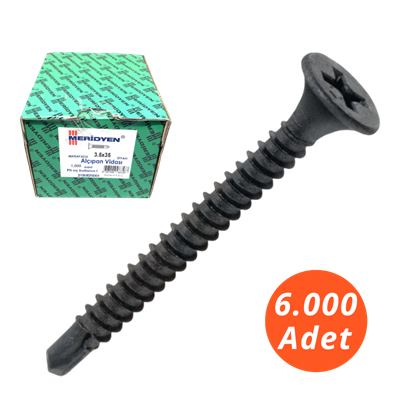 Meridyen Alçıpan Vidası 3,5*45 Matkap Uçlu 6.000 Adet - PH 2 Bits Uç ile Kullanılır