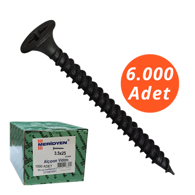 Meridyen Alçıpan Vidası 3,5*45 Sivri Uçlu 6.000 Adet - PH 2 Bits Uç ile Kullanılır