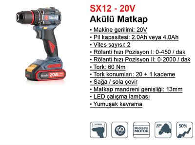 Stechend SX12 Çift Akülü Matkap 20V 4.0 Ah