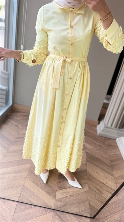 LAVERA Aplik Detaylı Elbise | Soft Sarı