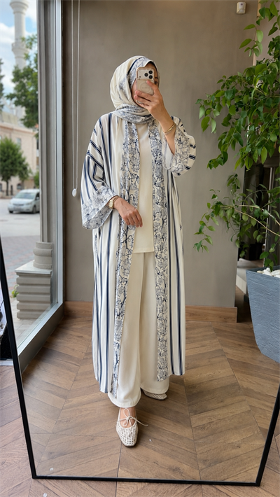 LİVORA Desenli Şal & Kimono Takımı | Beyaz