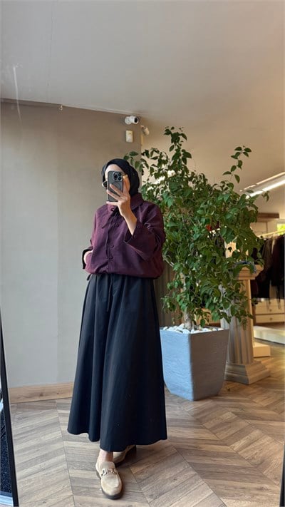 LOREVA Beli Bağcıklı Poplin Etek | Siyah