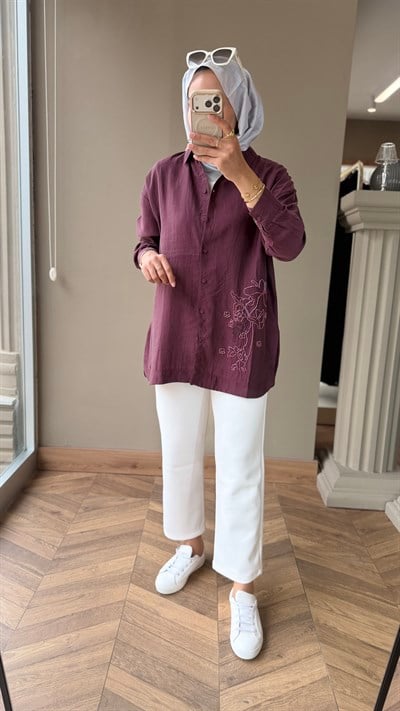 Nakış Detaylı Gömlek Tunik | Mürdüm