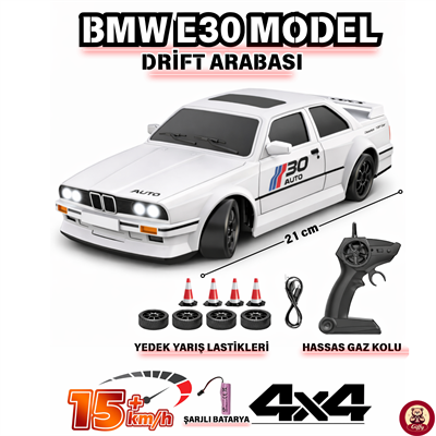 Giffy Oyuncak Bmw E30 Drift Araba 4x4 Uzaktan Kumandalı Araba 2.4ghz Şarjlı LED Işıklı 15 Km Hız Araba Siyah-Beyaz Renk Seçenekleriyle