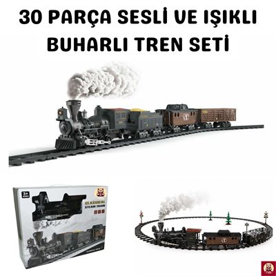 Işıklı Sesli Buharlı Tren Seti 30 Parça – Gerçek Buhar Efektli, Klasik Lokomotif Oyuncak Tren (135 cm Ray)
