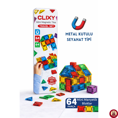 Manyetik Yapı Blokları - 64 Parça Seyahat Tipi Mini Bloklar Metal Saklama Kutulu Çanta Boy Renkli