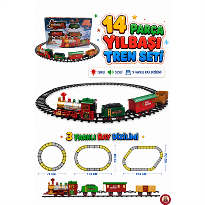 Oyuncak 14 Parça Işıklı Sesli Yılbaşı Tren Seti Pilli Oyuncak Tren 3 Farklı Ray Dizilimli Dekoratif Tren Çuf Çuf