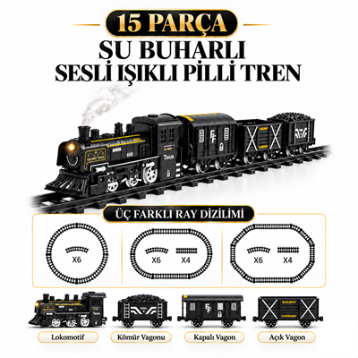 Oyuncak 15 Parça Su Buharlı Oyuncak Tren Seti Işıklı Sesli Pilli 3 Farklı Ray Dizilimli Lokomotif ve Vagon Seti
