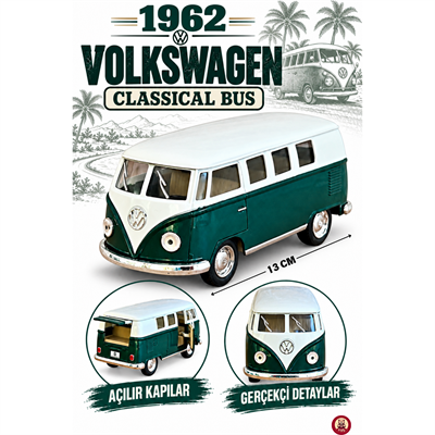 Oyuncak 1962 Volkswagen Klasik Bus 13 cm Die Cast Metal Model Minibüs Çek Bırak Açılır Kapılı Gerçekçi Detaylı (Yeşil)