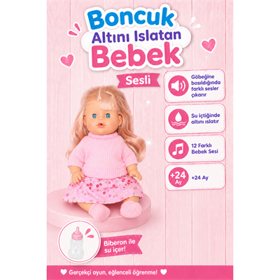 Oyuncak 30 Cm Sesli Altını Islatan Boncuk Bebek Biberonlu Emzikli 12 Farklı Sesli Pilli Bebek (Pembe)