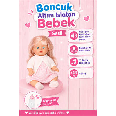 Oyuncak 30 Cm Sesli Altını Islatan Boncuk Bebek Biberonlu Emzikli 12 Farklı Sesli Pilli Bebek (Beyaz)
