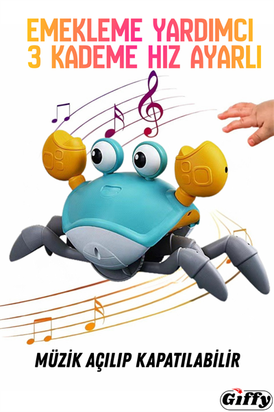 Oyuncak Emeklemeye Yardımcı 3 Kademeli Hız Kapatıp Açılabilen Müzikli Sensörlü Dahili Şarjlı Yengeç