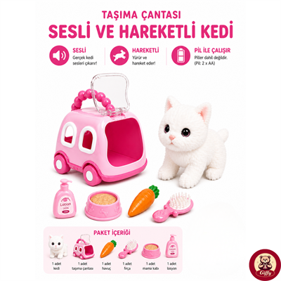 Oyuncak Kedi Taşıma Çantalı Sesli Hareketli Pilli, Emekleme Oyuncağı Aksesuarlı Çocuklar İçin Eğitici Hayvan Sevgisi (Pembe)