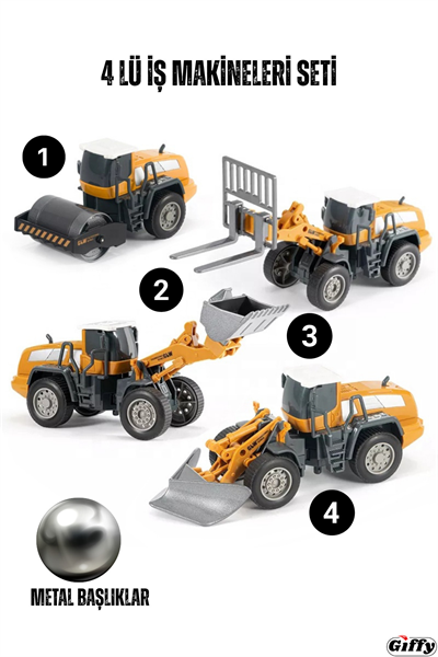 Oyuncak Metal Başlıklı İş Makinaları Seti Ekskavatör Kar Küreyici Forklift Silindir 4 Ü 1 Arada Set