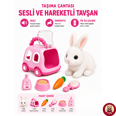 Oyuncak Tavşan Taşıma Çantalı Sesli Hareketli Pilli, Emekleme Oyuncağı Aksesuarlı Çocuklar İçin Eğitici Hayvan Sevgisi (Pembe)
