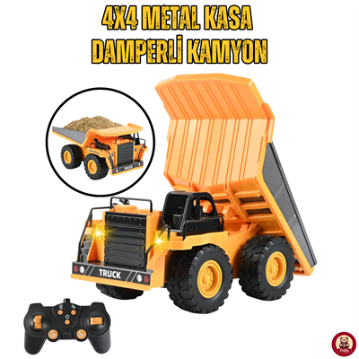 Oyuncak Uzaktan Kumandalı 4x4 Metal Kasa Damperli Kamyon Şarjlı RC İş Makinesi Işıklı Sesli Oyuncak 21 CM