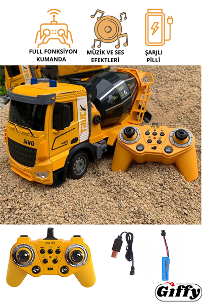 Oyuncak Uzaktan Kumandalı Full Fonksiyon Metal Şarjlı Sesli Işıklı İş Makinesi Beton Mikseri