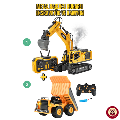 Oyuncak Uzaktan Kumandalı İş Makinesi 2'li Set 40 CM Metal Kepçeli Buharlı Ekskavatör ve Damperli Kamyon LED Işıklı