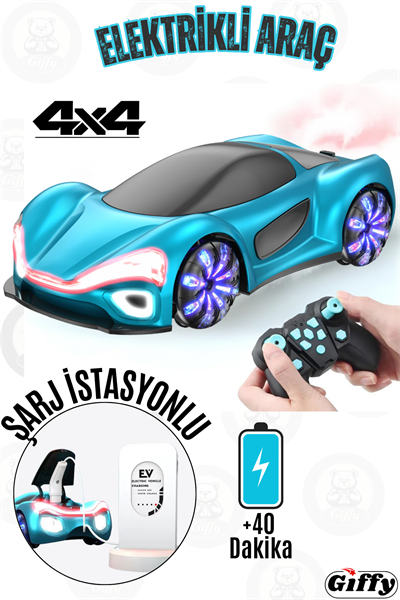 Oyuncak Uzaktan Kumandalı Şarjlı Elektrikli Araba 4X4 Şarj İstasyonlu Led Işıklı Sesli Müzikli RC
