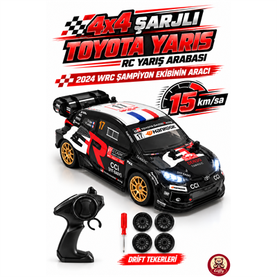 Oyuncak Uzaktan Kumandalı Toyota GR Yaris 4x4 Drift Ralli Arabası 15 KM Hız Şarjlı LED Işıklı 7.4V 500 mAh Yedek Drift Tekerli RC Araba