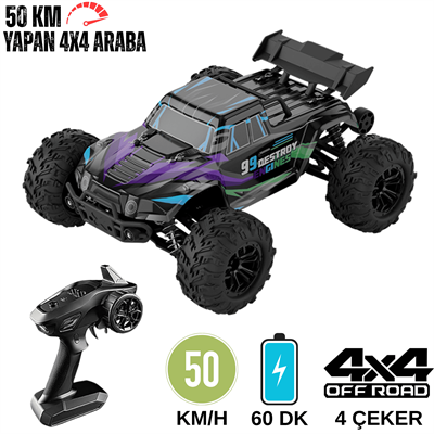 Uzaktan Kumandalı 50 Km/hız Yapan Rc Araba, Suv 4x4 Full Iç Metal Kasa Şarjlı Fonksiyonlu Dev Araba Mor