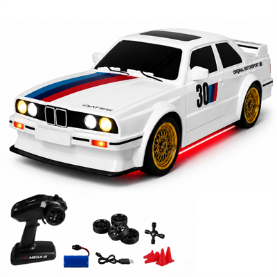 Uzaktan Kumandalı BMW E30 Drift Arabası Retro Efsane Kasa 30 KM/H Sürat Yapabilen 4x4 Şarjlı Hız Ayarlı LED Işıklı 7 Farklı Renk 2 Farklı Mod (BEYAZ)