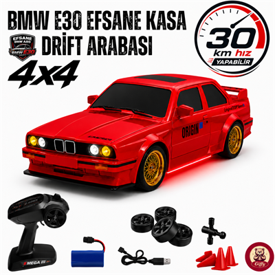 Uzaktan Kumandalı BMW E30 Drift Arabası Retro Efsane Kasa 30 KM/H Sürat Yapabilen 4x4 Şarjlı Hız Ayarlı LED Işıklı 7 Farklı Renk 2 Farklı Mod (KIRMIZI)