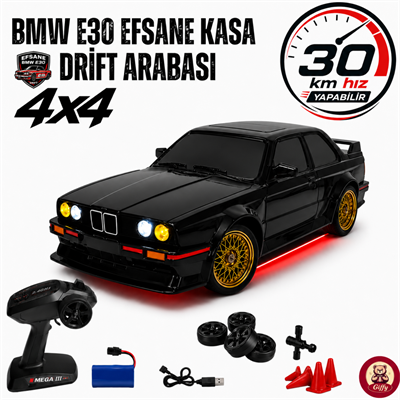 Uzaktan Kumandalı BMW E30 Drift Arabası Retro Efsane Kasa 30 KM/H Sürat Yapabilen 4x4 Şarjlı Hız Ayarlı LED Işıklı 7 Farklı Renk 2 Farklı Mod (Siyah)