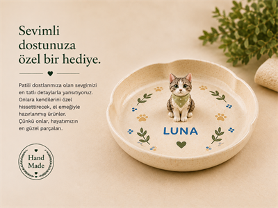 Seramik Handmade Kedi Figürlü Mama Kabı 