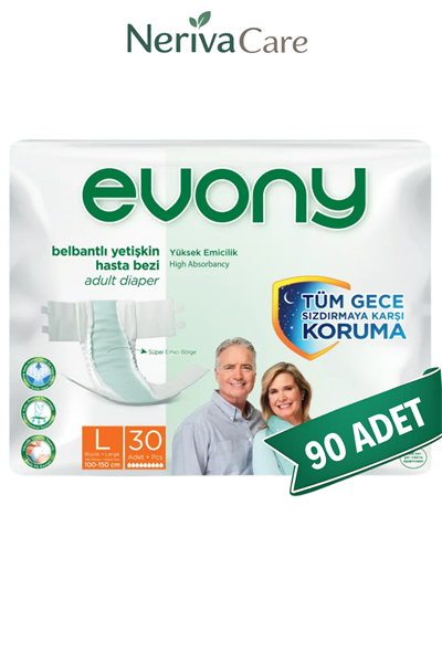 Evony Bel Bantlı Yetişkin Hasta Bezi L 90 AdetBelbantlı Hasta BezlerinerivacareEvony Bel Bantlı Yetişkin Hasta Bezi L 90 Adet (30'lu x 3 Paket)