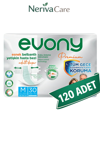 Evony Premium Bel Bantlı Yetişkin Hasta Bezi M 120 Adet (30'lu x 4 Paket) | Yüksek Emicili Bel Bantlı Hasta Bezi