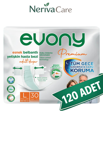 Evony Premium Bel Bantlı Yetişkin Hasta Bezi L 120 Adet (30'lu x 4 Paket) | Büyük Boy Yüksek Emicili Hasta Bezi
