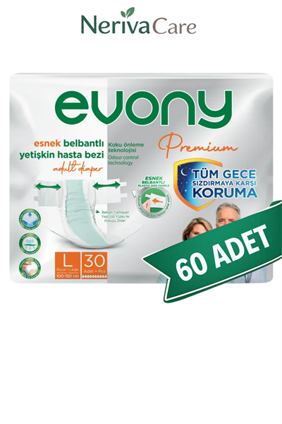 Evony Premium Bel Bantlı Yetişkin Hasta Bezi L 60 Adet (30'lu x 2 Paket) | Büyük Boy Emici Hasta Bezi