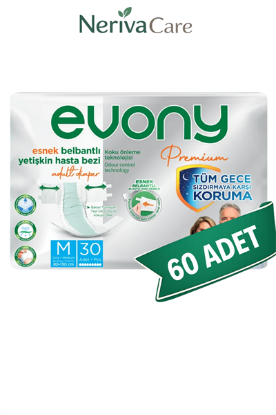 Evony Premium Bel Bantlı Yetişkin Hasta Bezi M 60 Adet (30'lu x 2 Paket) | Orta Boy Emici Hasta Bezi