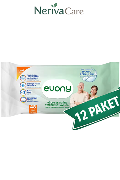 Evony Perine & Vücut Silme Havlusu 48'li x 12 Paket – Susuz Hasta Banyosu Temizleme Mendili