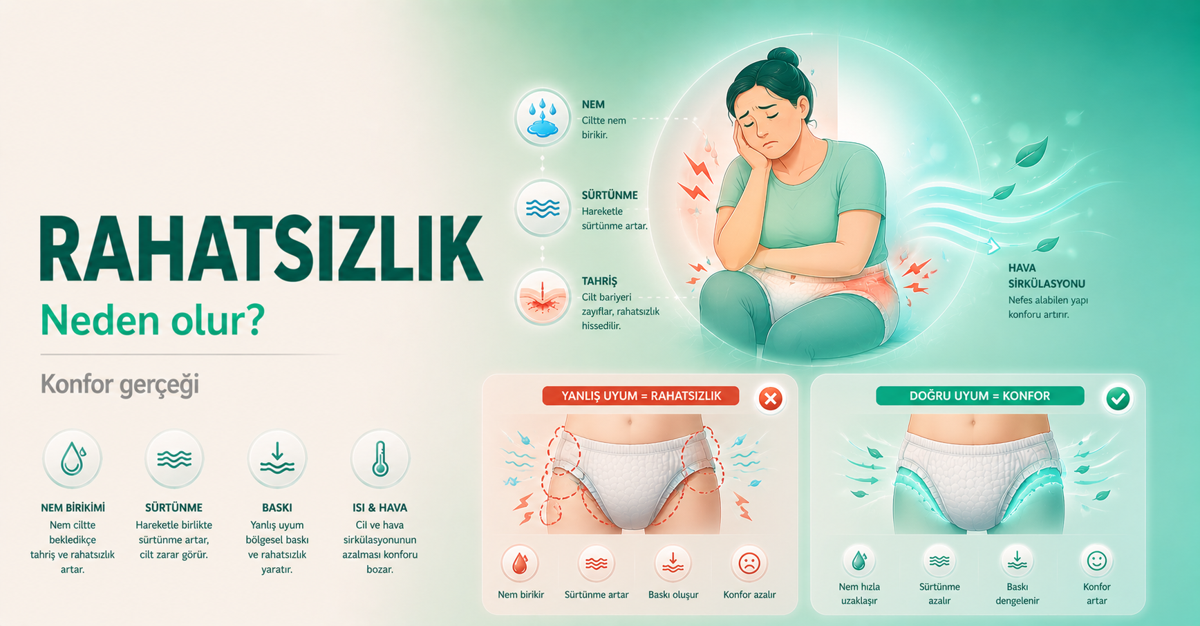 bez rahatsızlığı,hasta bezi konfor,inkontinans bakım,cilt tahrişi,nefes alan bez