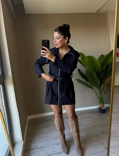 Denim Fermuarlı Mini Elbise 