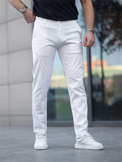 Slim Fit Chino Keten Beyaz Pantolon