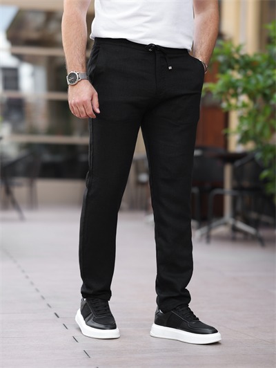 Yazlık İnce Keten Jogger Siyah Pantolon