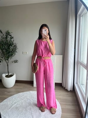 Bağlama Detaylı Keten Takım Pembe