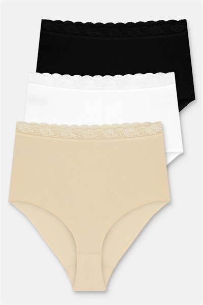 3lü Pamuklu Dantelli Maxi Yüksek Bel Slip Külot