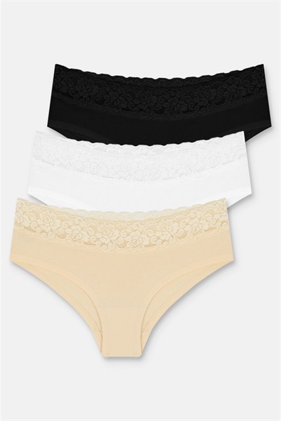 3lü Pamuklu Dantelli Normal Bel Hipster Brazilian Külot