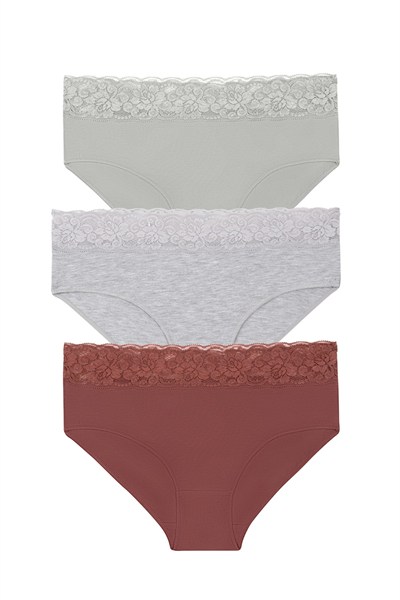 3lü Pamuklu Dantelli Yüksek Bel Slip Külot