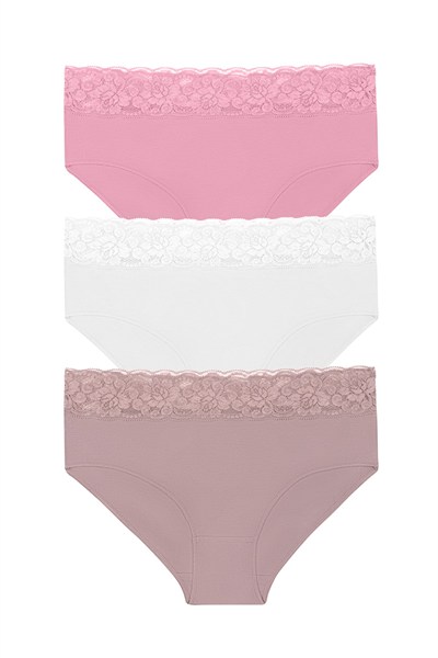 3lü Pamuklu Dantelli Yüksek Bel Slip Külot