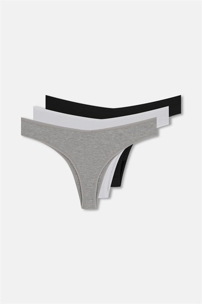 3lü Pamuklu V Kesim Rib String Külot