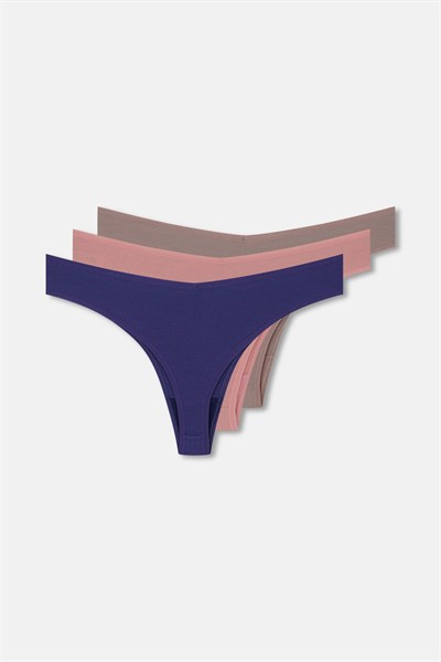 3lü Pamuklu V Kesim Rib String Külot
