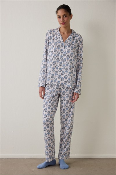 Açık Mavi Blue Flowers Uzun Kollu Gömlek Pijama Takımı