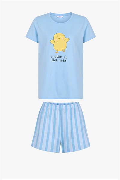 Açık Mavi Happy Day Pamuklu Şortlu Pijama Takımı