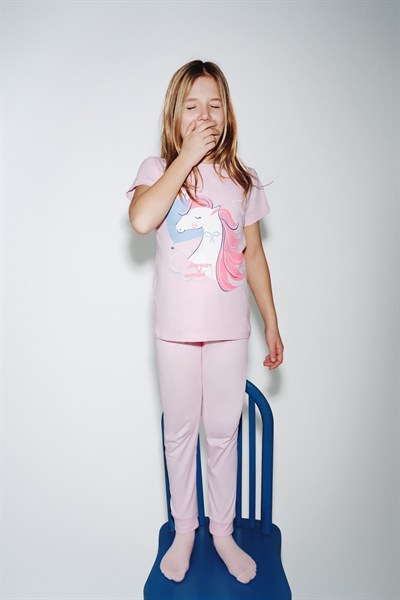 Açık Pembe Kız Çocuk Sleepycorn Pamuklu 2li Pijama Takımı