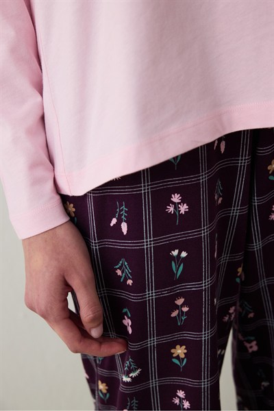 Autumn Çiçekli Bisiklet Yaka Pamuklu Uzun Kol Pijama Takımı